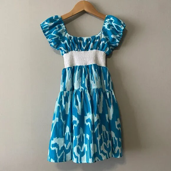 Handmade Children's 100% Cotton Blue Pattern White Elastic Waist Dress - Picture 2 of 10